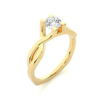 Angled view of 0.50 Ct Moissanite Twisted Solitaire Engagement Ring In Yellow Gold, showcasing the band and setting.