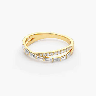 1.50 Ct Baguette & Round Cut Moissanite Criss Cross Wedding Ring In Yellow Gold