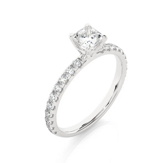 Angled view of 1.50 Ct Princess Cut Moissanite Engagement Ring with Accents in White Gold, showcasing the band and setting.