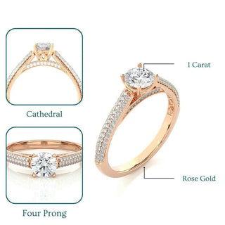 1 Ct Moissanite Three Row Engagement Ring with Accent In Rose Gold