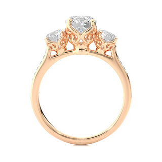 Side profile of 2.50 Ct Round Moissanite Three Stone Engagement Ring In Rose Gold, highlighting the prong setting.