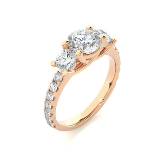 2.50 Carat Round Moissanite Trellis Prong Three Stone Engagement Ring in Rose Gold