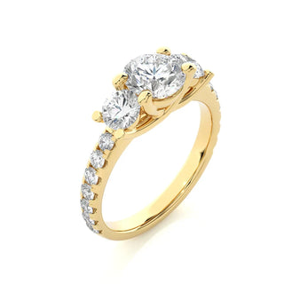 2.50 Ct Round Moissanite Trellis Prong Three Stone Engagement Ring Yellow Gold