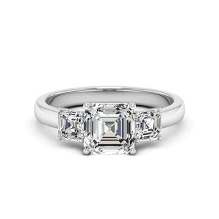 2.50 Ct Asscher Cut Moissanite Three Stone Engagement Ring in White Gold