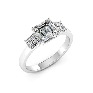 2.50 Ct Asscher Cut Moissanite Three Stone Engagement Ring in White Gold