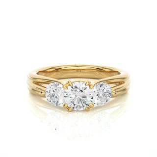 Front view of 2 Carat 3 Stone Round Cut Moissanite Ring in Yellow Gold, highlighting the brilliant center moissanite stone.