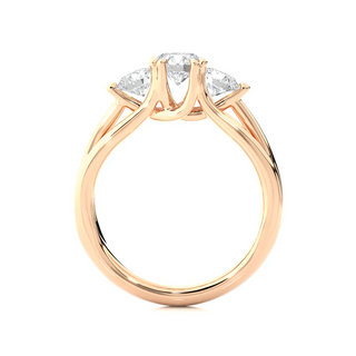 Side profile of 12 Carat 3 Stone Round Cut Moissanite Ring in Rose Gold, highlighting the prong setting.
