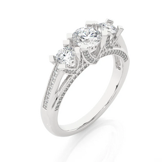 Angled view of 2 Carat Moissanite Three Stone Engagement Ring with Accent in White Gold, showcasing the band and setting.