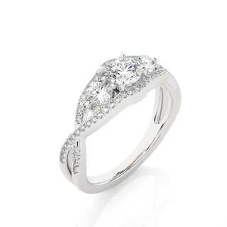 Angled view of 2 Carat Round Moissanite Three Stone Twisted Engagement Ring in White Gold, showcasing the band and setting.