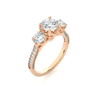 2 Ct Round Moissanite Filigree Three Stone Engagement Ring in Rose Gold