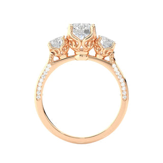 2 Ct Round Moissanite Filigree Three Stone Engagement Ring in Rose Gold