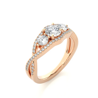 Angled view of 2 Carat Round Moissanite Three Stone Twisted Engagement Ring in Rose Gold, showcasing the band and setting.
