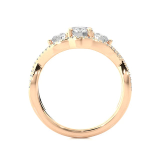 1.50 Carat Round Moissanite Three Stone Twisted Engagement Ring in Rose Gold
