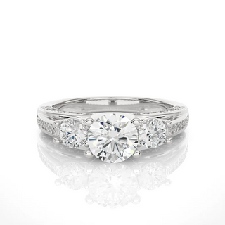 Front view of 2 Carat Moissanite Three Stone Engagement Ring With Accents in Silver, highlighting the brilliant center moissanite stone.
