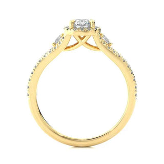 2 Carat Cushion Cut Moissanite Three Stone Halo Ring In Yellow Gold