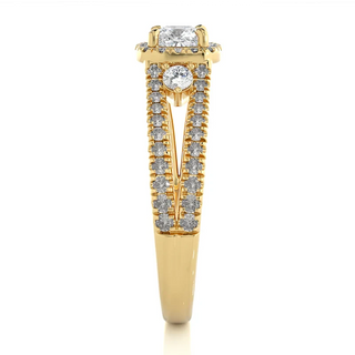 2 Carat Cushion Cut Moissanite Three Stone Halo Ring In Yellow Gold