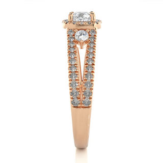2 Ct Three Stone Cushion Cut Moissanite Halo Ring in Rose Gold