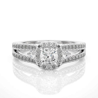 2 Carat Cushion Cut Moissanite Three Stone Halo Ring in Silver