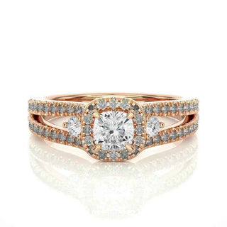 2 Carat Cushion Cut Moissanite Three Stone Halo Ring in Silver