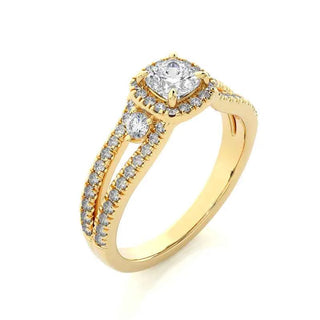 2 Carat Cushion Cut Moissanite Three Stone Halo Ring In Yellow Gold