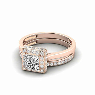 1.50 Ct Princess Shape Halo Moissanite Bridal Set Ring in Rose Gold