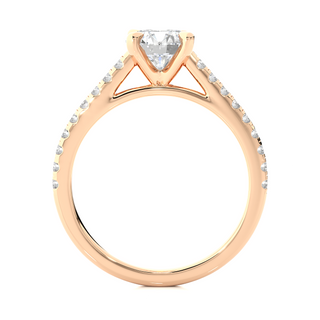 Side profile of 1.20 Ct Round Cut Moissanite Cathedral Set Engagement Ring In Rose Gold, highlighting the brilliant center moissanite stone., highlighting the prong setting.