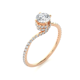 Angled view of 1.30 Carat Double Halo Twisted Moissanite Ring In Rose Gold, showcasing the band and setting.