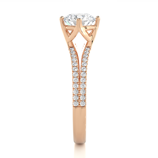 Side profile of 1.40 Ct Round Cut Moissanite Split Shank Engagement Ring In Rose Gold, highlighting the prong setting.