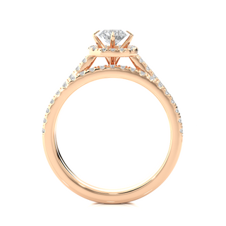 Side profile of 1.50 Carat Halo Moissanite Bridal Set With Accents in Rose Gold, highlighting the brilliant center moissanite stone., highlighting the prong setting.