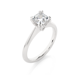 Angled view of 1.50 Carat Princess Cut Moissanite Solitaire Ring In White Gold, showcasing the band and setting.