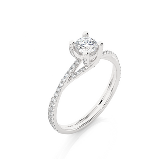 Angled view of 1.50 Carat Round Moissanite Twisted Solitaire Ring In Rose Gold, showcasing the band and setting.