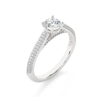Angled view of 1.50 Ct Moissanite Three Row Engagement Ring with Accent In White Gold, showcasing the band and setting.