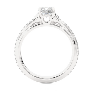 Side profile of Front view of 1.50 Ct Round Cut Moissanite French V-Split Engagement Ring In Silver, highlighting the brilliant center moissanite stone., highlighting the prong setting.