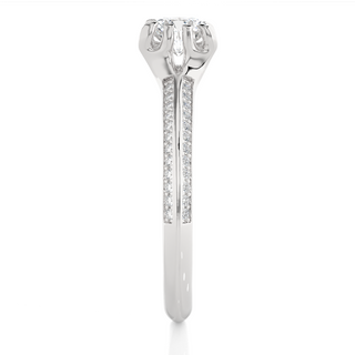Side profile of 1.50 Ct Round Cut Moissanite Two Row Accent Engagement Ring In White Gold, highlighting the prong setting.