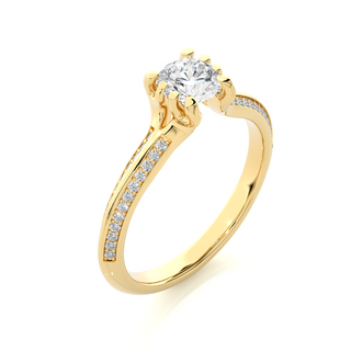 Angled view of 1.50 Ct Round Cut Moissanite Two Row Accent Engagement Ring In Yellow Gold, showcasing the band and setting.