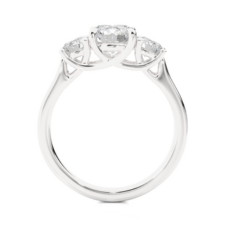 Side profile of 1.50 Ct Round Moissanite Three Stone Engagement Ring in White Gold, highlighting the brilliant center moissanite stone., highlighting the prong setting.