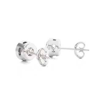 Angled view of 1 Carat Bezel Setting Moissanite Stud Earrings in White Gold, showing shine and depth.