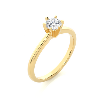 Angled view of 1 Carat Round Cut Solitaire Moissanite Ring in Yellow Gold, showcasing the band and setting.