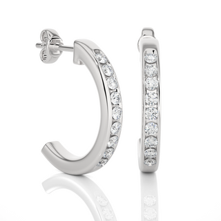 side view of 1 Carat Round Shape Moissanite C-Hoop Earrings In White Gold with bend and some stones showing.