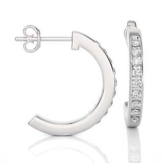 side view of 1 Carat Round Shape Moissanite C-Hoop Earrings In White Gold with bend and some stones showing.