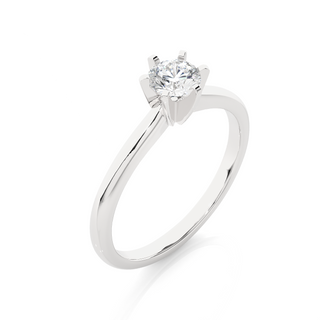 Angled view of 1 Ct Round Cut Six Prong Solitaire Moissanite Ring in Silver, showcasing the band and setting.