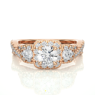 1.50 Ct Round Moissanite Three Stone Halo Engagement Ring In Yellow Gold