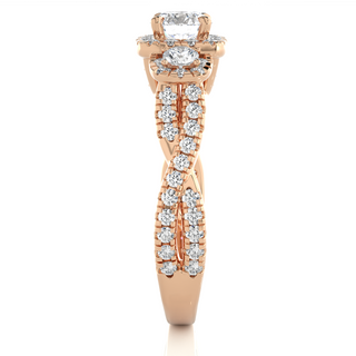 1.50 Ct Round Moissanite Three Stone Halo Engagement Ring In Rose Gold