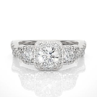 1.50 Ct Round Moissanite Three Stone Halo Engagement Ring In Rose Gold
