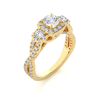 Angled view of 2.50 Ct Round Moissanite Three Stone Halo Engagement Ring In Yellow Gold, showcasing the band and setting.