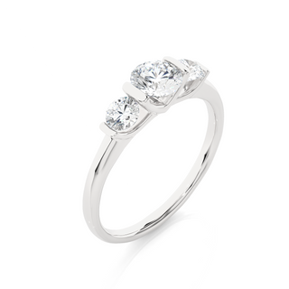 Angled view of 2 Carat Round Cut Moissanite Three Stone Engagement Ring In White Gold, showcasing the band and setting.