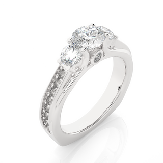 Angled view of 2 Ct Round Moissanite Three Stone Engagement Ring In White Gold, showcasing the band and setting.