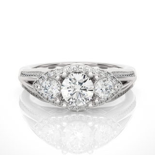 2 Carat Moissanite Three Stone Halo Engagement Ring In Silver