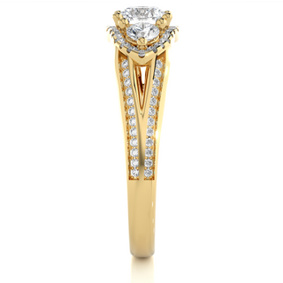 Halo Three Stone Split Shank Moissanite Ring yellow gold