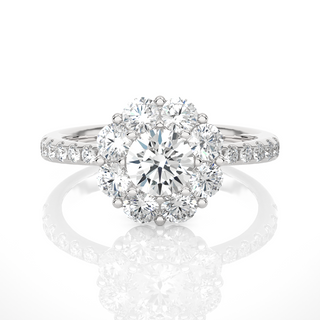 2 Carat Round Moissanite Halo Pinched Shank Ring In White Gold